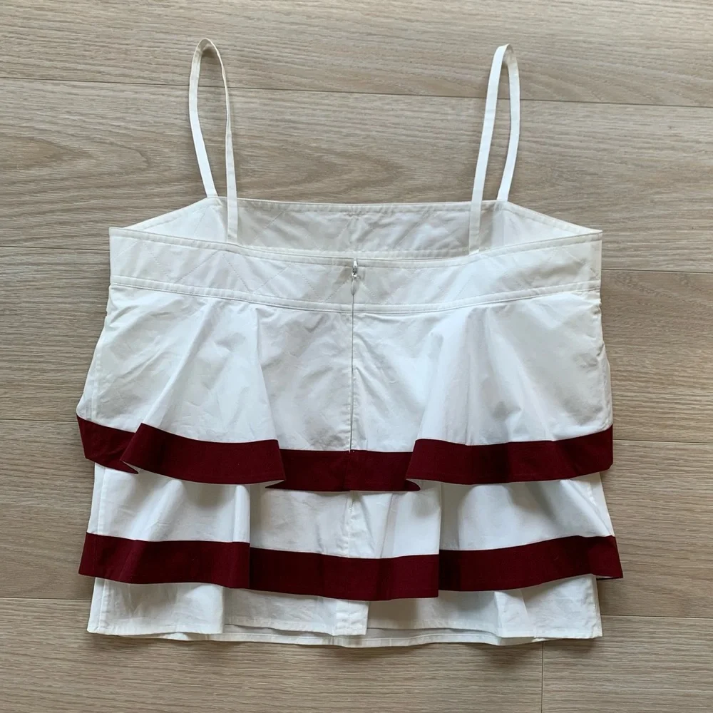 Tory Burch Sage Tiered Ruffle Spaghetti Strap Top White Maroon NWT Size 12